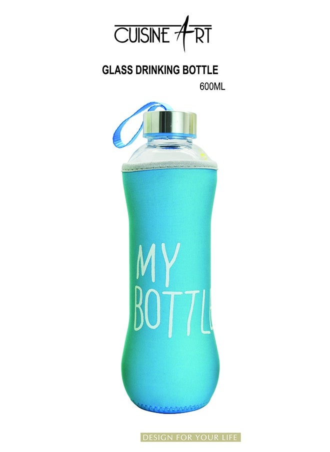 Cuisine Art - Glass Drinking Bottle With Leak Proof Lid, Best as Reusable Drinking Bottle, Juice Beverage Container Assorted Color, 600ml - Image 1