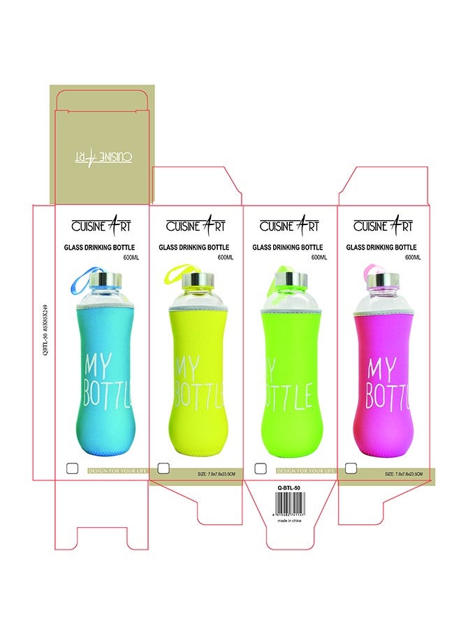 Cuisine Art - Glass Drinking Bottle With Leak Proof Lid, Best as Reusable Drinking Bottle, Juice Beverage Container Assorted Color, 600ml - Image 1