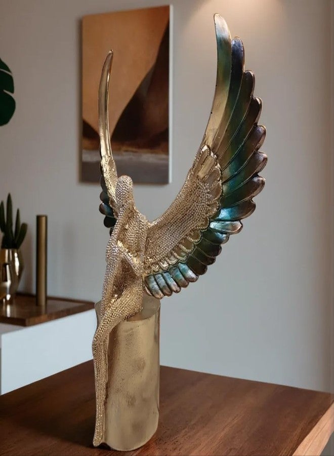 SANKALAN CREATIONS تمثال ملاك سانكالان ذو أجنحة، ذهبي وأزرق مخضر، منحوتة زخرفية، قطعة ديكور منزلي - Image 2