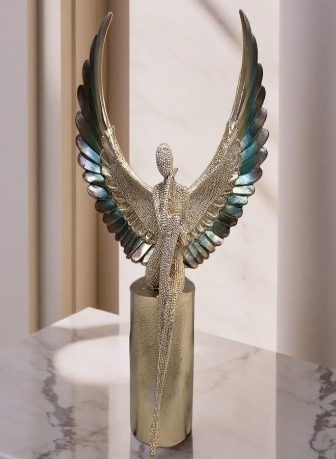 SANKALAN CREATIONS تمثال ملاك سانكالان ذو أجنحة، ذهبي وأزرق مخضر، منحوتة زخرفية، قطعة ديكور منزلي - Image 1