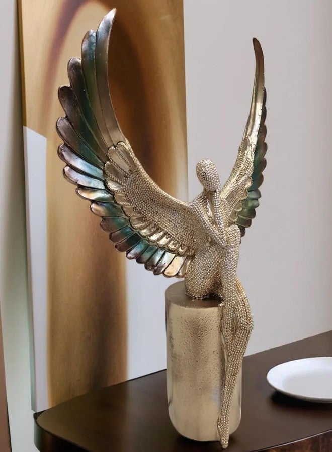 SANKALAN CREATIONS تمثال ملاك سانكالان ذو أجنحة، ذهبي وأزرق مخضر، منحوتة زخرفية، قطعة ديكور منزلي - Image 3