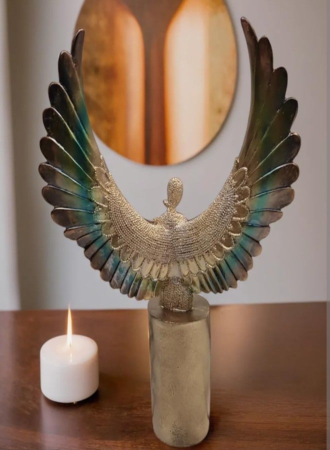 SANKALAN CREATIONS تمثال ملاك سانكالان ذو أجنحة، ذهبي وأزرق مخضر، منحوتة زخرفية، قطعة ديكور منزلي - Image 4
