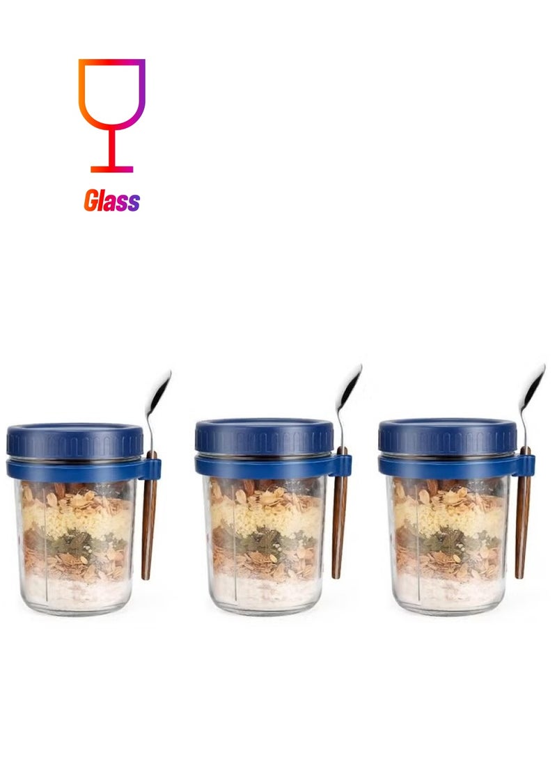 آنا طقم 3 قطع من الكؤوس الزجاجية المغلقة مع ملاعق - مثالية لوجبات الإفطار الخفيفة مع الشوفان والحليب والسلطات والزبادي، سهلة الحمل - Image 1