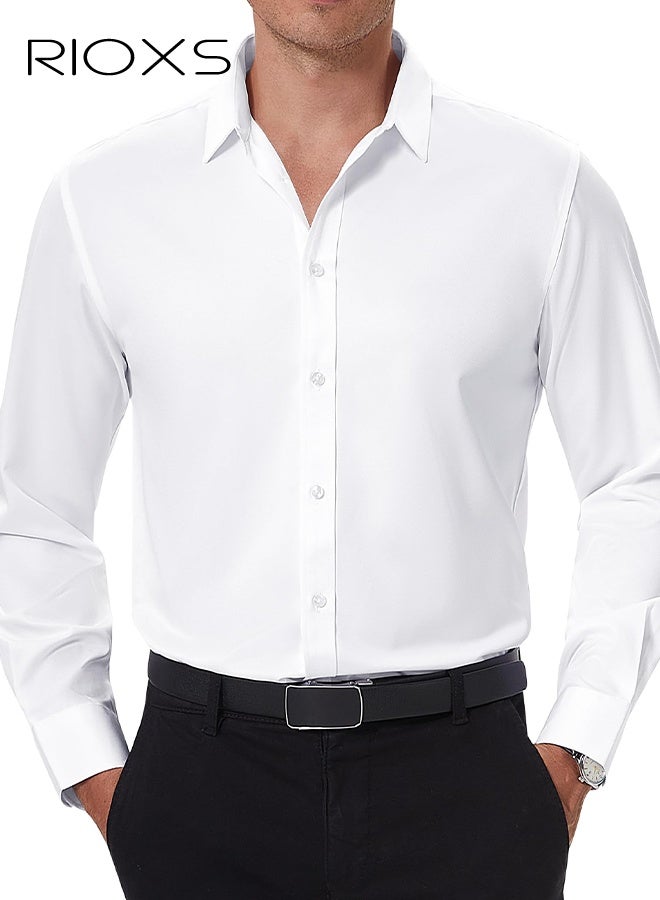 ريوكس قميص فستان رجالي أبيض، قميص رسمي بأكمام طويلة بأكمام طويلة بياقة قائمة مع قماش خفيف الوزن يسمح بمرور الهواء، ملابس مكتبية كاجوال للعمل، قميص رجالي بياقة ضيقة بأزرار لأسفل، قميص فستان متعدد الاستخدامات لجميع المواسم، قميص رسمي لضيوف حفل الزفاف، ملابس مناسبة لحفلات العشاء - Image 1