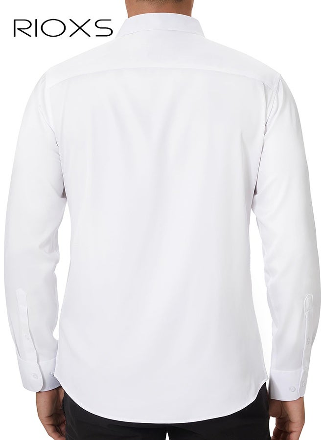 ريوكس قميص فستان رجالي أبيض، قميص رسمي بأكمام طويلة بأكمام طويلة بياقة قائمة مع قماش خفيف الوزن يسمح بمرور الهواء، ملابس مكتبية كاجوال للعمل، قميص رجالي بياقة ضيقة بأزرار لأسفل، قميص فستان متعدد الاستخدامات لجميع المواسم، قميص رسمي لضيوف حفل الزفاف، ملابس مناسبة لحفلات العشاء - Image 2