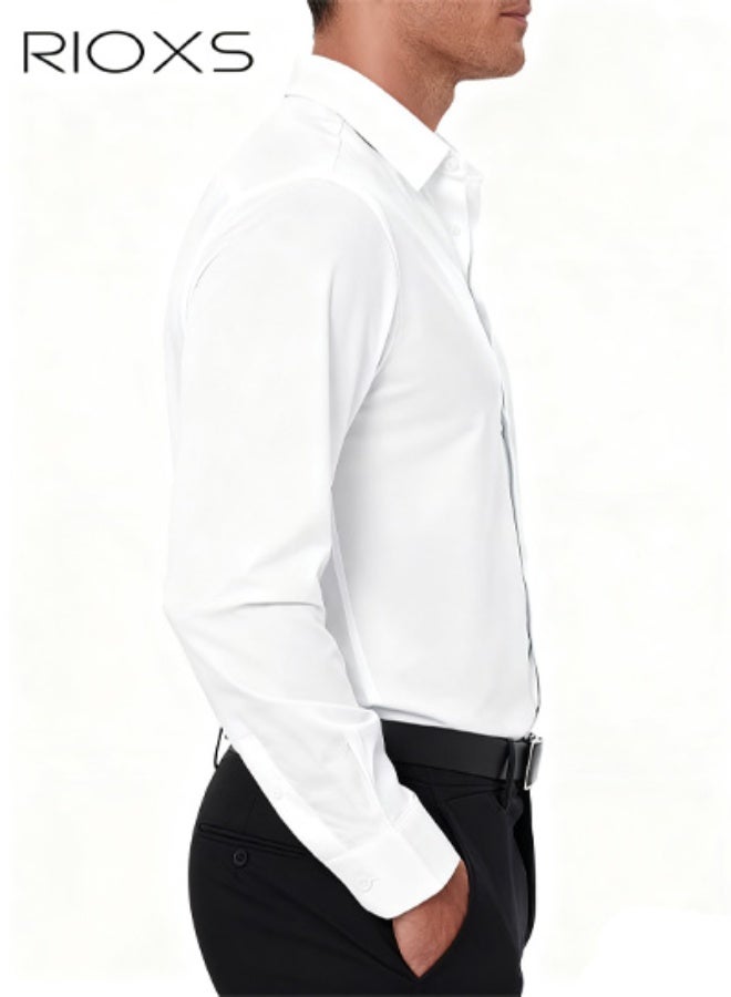 ريوكس قميص فستان رجالي أبيض، قميص رسمي بأكمام طويلة بأكمام طويلة بياقة قائمة مع قماش خفيف الوزن يسمح بمرور الهواء، ملابس مكتبية كاجوال للعمل، قميص رجالي بياقة ضيقة بأزرار لأسفل، قميص فستان متعدد الاستخدامات لجميع المواسم، قميص رسمي لضيوف حفل الزفاف، ملابس مناسبة لحفلات العشاء - Image 4