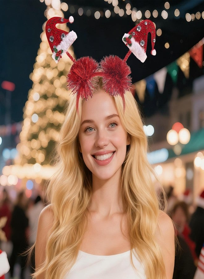 CHARMARK Christmas Headband Xmas Hat with Rhinestone Red Headbands for Women Girls Glitter Red Ribbon Hair Accessories Winter Holiday Party Christmas Head Bands Hair Decorations 1Pcs - Image 2