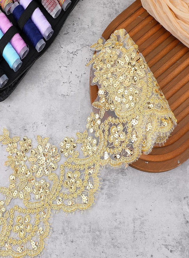 شريط دانتيل ذهبي بطول 3 ياردات وعرض 5.31 بوصة للخياطة، شريط دانتيل ذهبي مرصع بالترتر مع تطريز زهور بالترتر، يمكن قصه من الدانتيل المعدني للخياطة، وتزيين الفساتين، والعباءات، وحفلات الزفاف، والحفلات. - Image 4