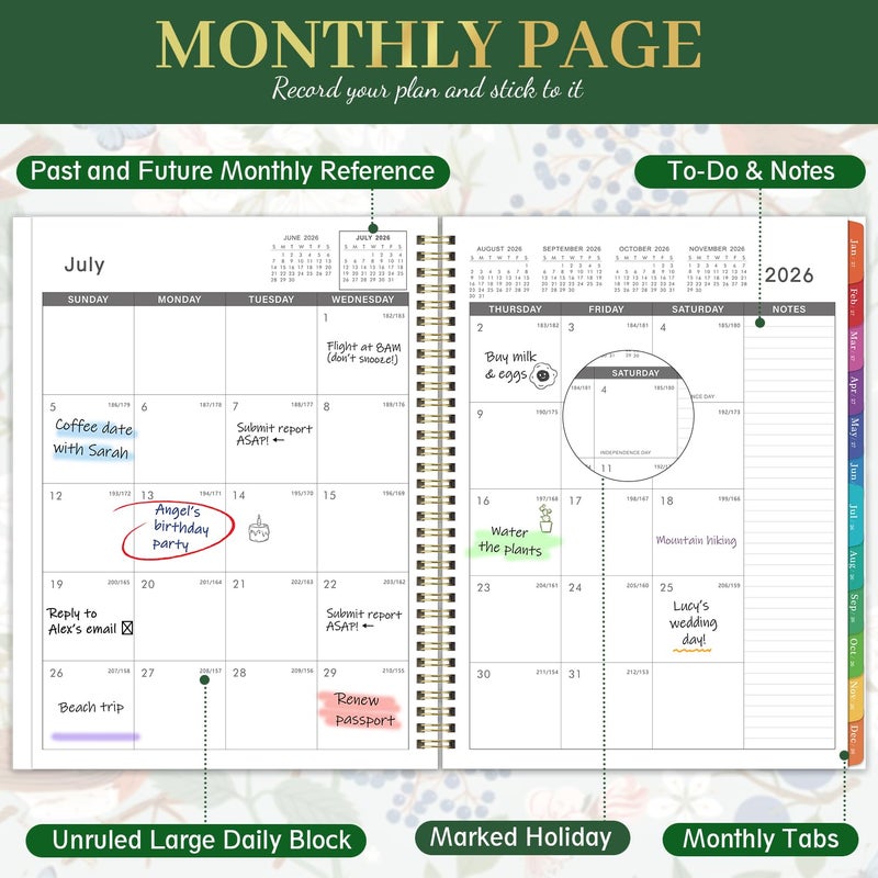 Vondafe 2026-2027 Monthly Planner - Academic Planner 2026-2027, JUL. 2026 - DEC. 2027, 9" x 11", 18 Monthly Calendar Planner with Colorful Tabs + Back Pocket + Twin-Wire Binding - Floral - Image 5