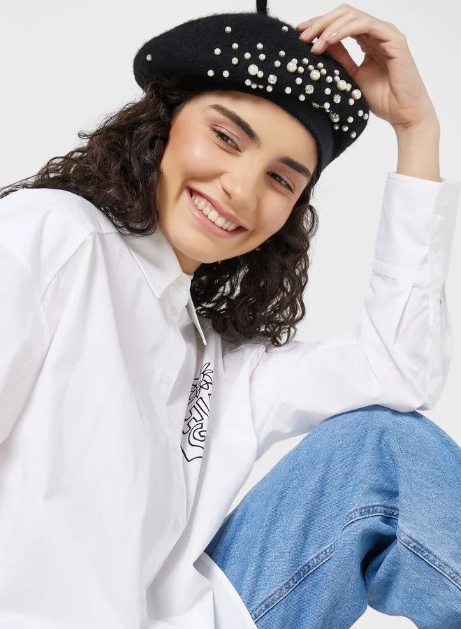 ايلا قبعة بيريه مزينة بلؤلؤ صناعي