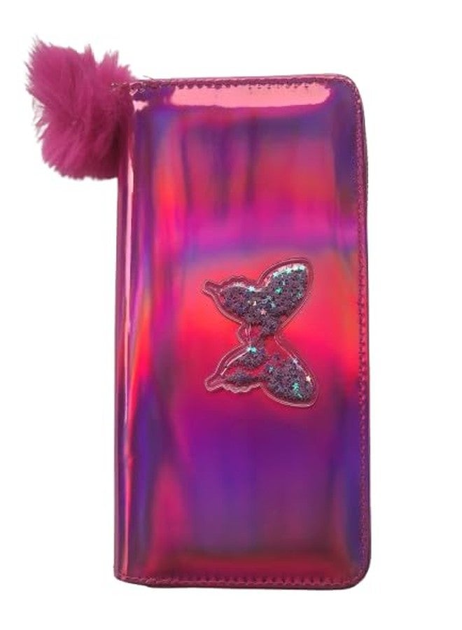Girls Holographic Butterfly Wallet with Pom Pom, Pink and Purple, Glitter Design - Image 1