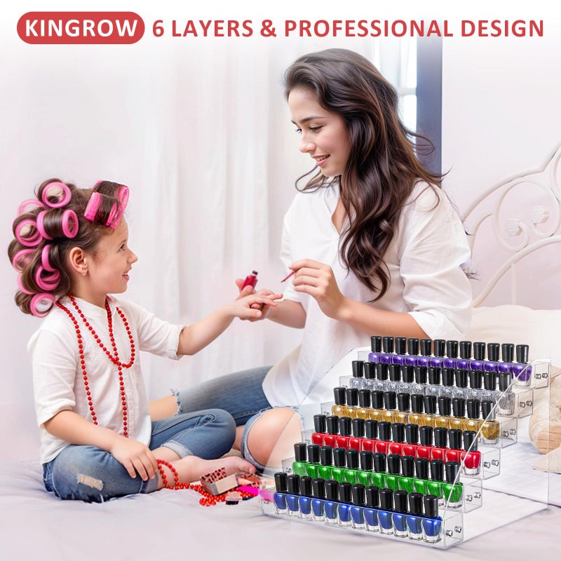 KINGROW Nail Polish Organizer Holder Rack 6 Layers Acrylic Display Rack Eyeglasses Shelf Essential Oils Ink Storage Holds Up to 96 (Fit 1-2oz Bottles) - Image 4