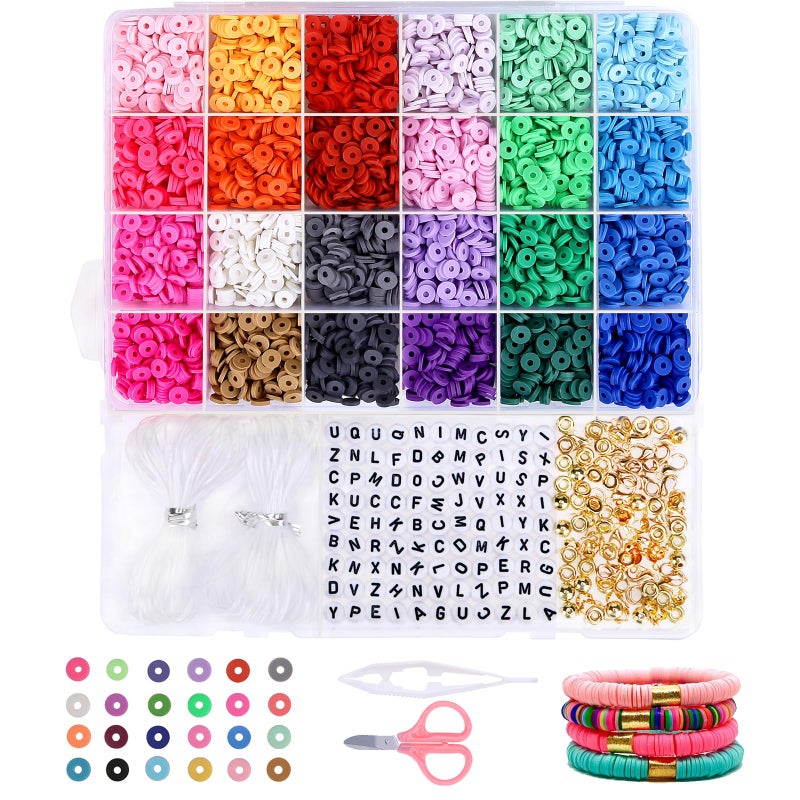 GREENTIME Clay Beads 4500 pcs Flat Round Spacer Clay Beads Heishi Beads for Bracelets Making Kit Earring DIY Crafts for Holiday Presents 24Color 6 mm