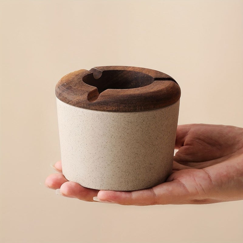 Japanese Stoneware Ashtray With Rosewood Lid Vintage Home Office Decor - Image 1