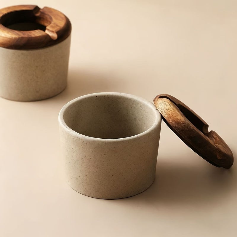 Japanese Stoneware Ashtray With Rosewood Lid Vintage Home Office Decor - Image 4