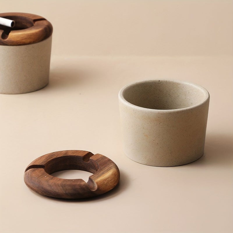 Japanese Stoneware Ashtray With Rosewood Lid Vintage Home Office Decor - Image 5