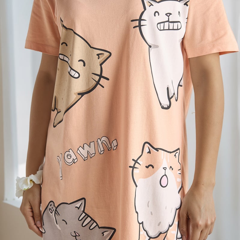 سبلاش فيڤ طقم من قطعتين - فستان نوم دائري مطبوع بأكمام قصيرة - Image 4