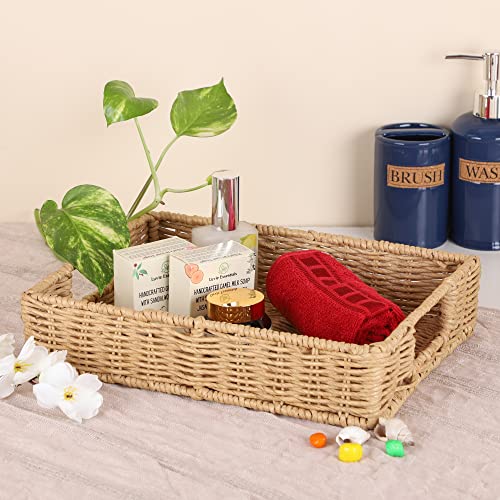 DECOWAY Wicker Seagrass Water Hyacinth Kauna Grass Serving Tra for Home | Dining Table Decorative Trays | Serving Tray | Platter with Handles Diwali or Deepawali Gifts | 11" x 8" x 3" - Image 2