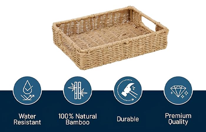 DECOWAY Wicker Seagrass Water Hyacinth Kauna Grass Serving Tra for Home | Dining Table Decorative Trays | Serving Tray | Platter with Handles Diwali or Deepawali Gifts | 11" x 8" x 3" - Image 4