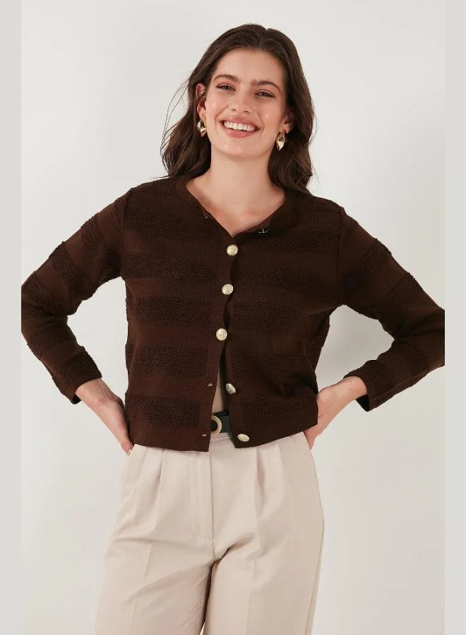 Lela Lela Premium Regular Fit Crew Neck Buttoned Textured Knitwear Cardigan Women's CARDIGAN 680HI00337
