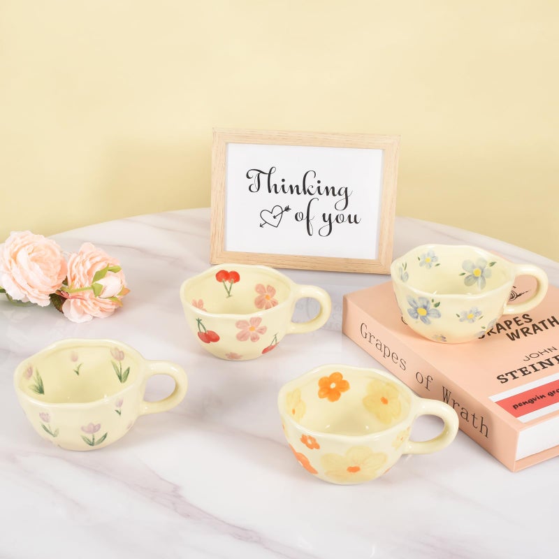 Koythin 4-Piece Ceramic Coffee Mugs  Creative Flower Mug For Office And Home  8.5 Oz/250 Ml For Latte Tea Milk (Blue Flower  Orange Flower  Pink Cherry  Purple Tulip) - Image 2