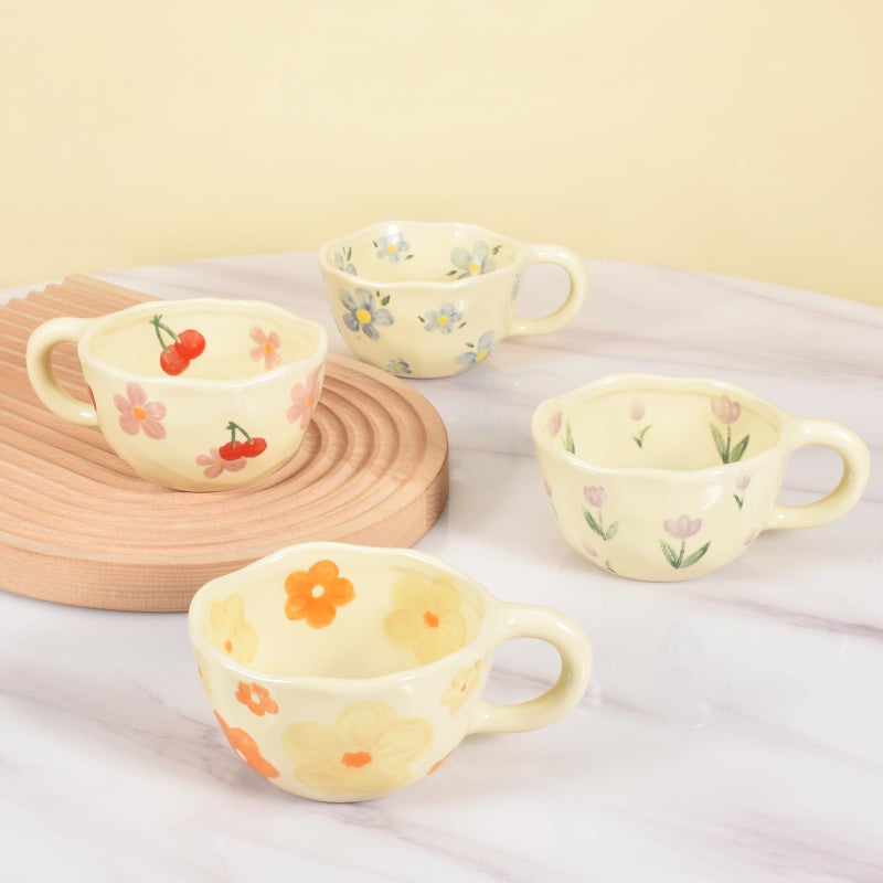 Koythin 4-Piece Ceramic Coffee Mugs  Creative Flower Mug For Office And Home  8.5 Oz/250 Ml For Latte Tea Milk (Blue Flower  Orange Flower  Pink Cherry  Purple Tulip) - Image 3