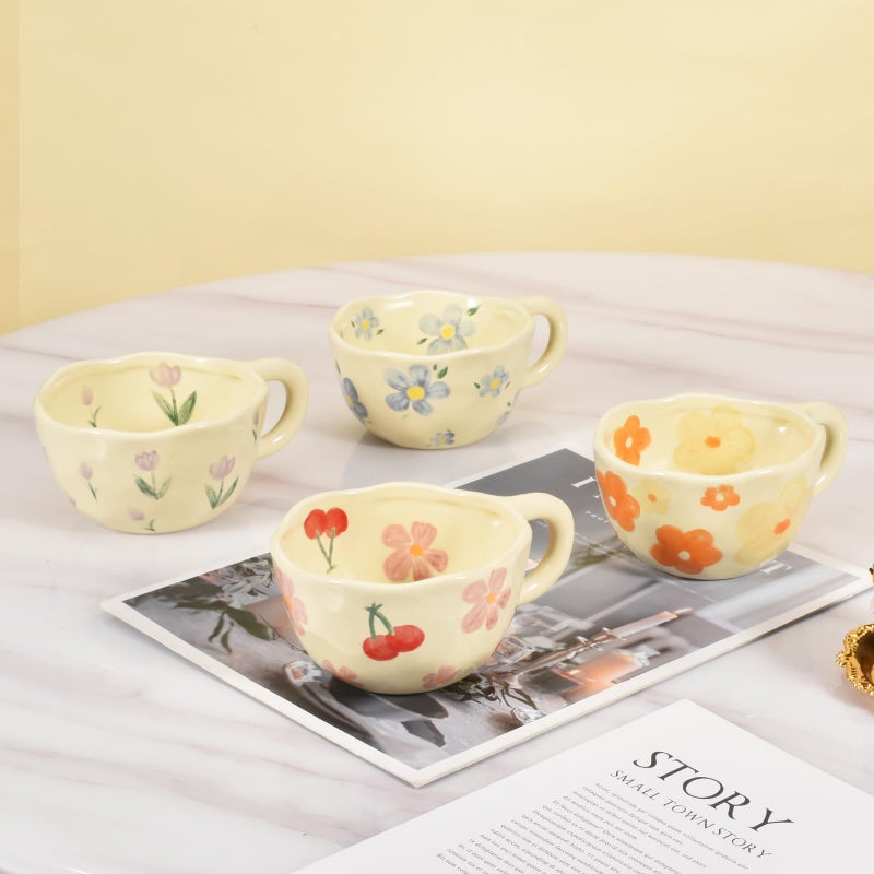 Koythin 4-Piece Ceramic Coffee Mugs  Creative Flower Mug For Office And Home  8.5 Oz/250 Ml For Latte Tea Milk (Blue Flower  Orange Flower  Pink Cherry  Purple Tulip) - Image 5