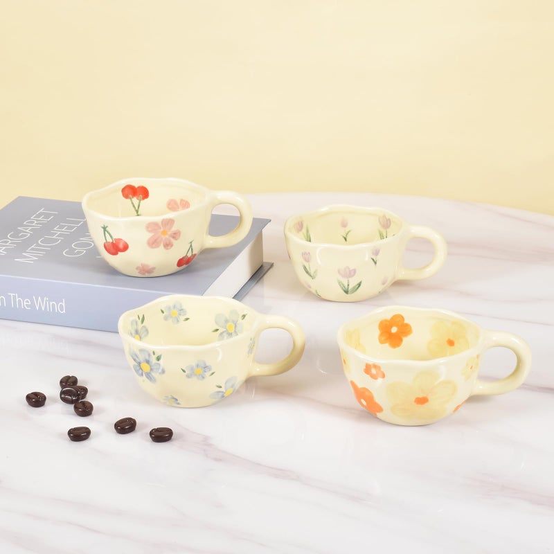 Koythin 4-Piece Ceramic Coffee Mugs  Creative Flower Mug For Office And Home  8.5 Oz/250 Ml For Latte Tea Milk (Blue Flower  Orange Flower  Pink Cherry  Purple Tulip) - Image 4