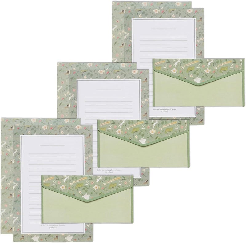 Square Frame Mint Vintage Flower Stationery Set with 10 Lined Paper and 10 Envelopes - Image 1