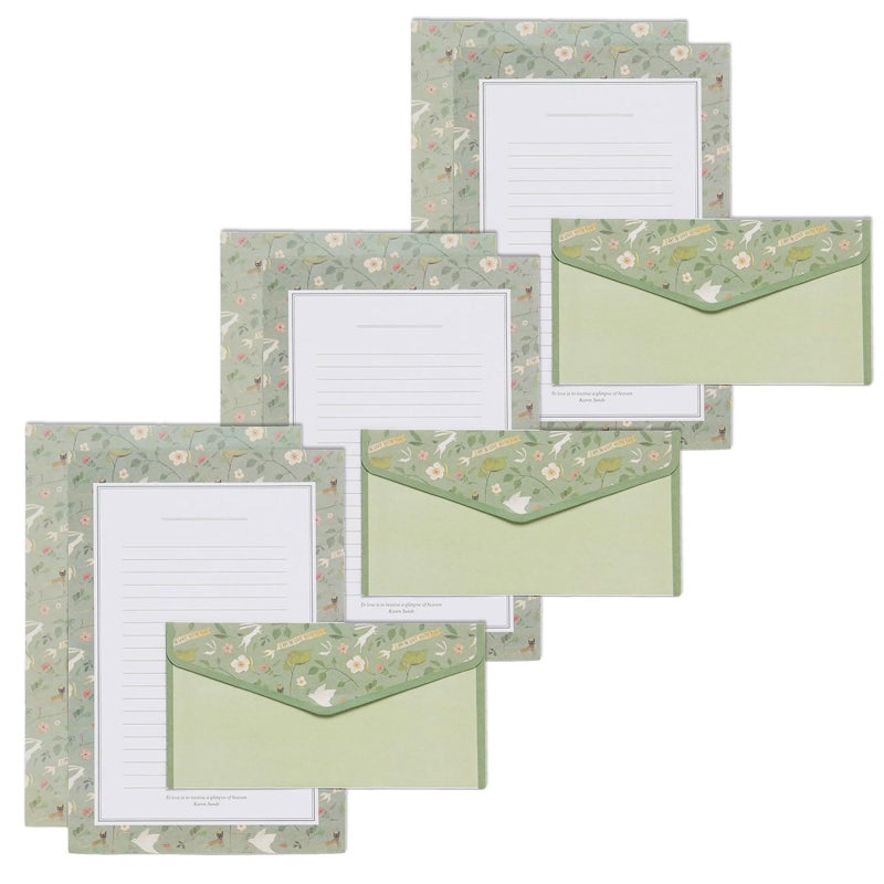 Square Frame Mint Vintage Flower Stationery Set with 10 Lined Paper and 10 Envelopes - Image 2