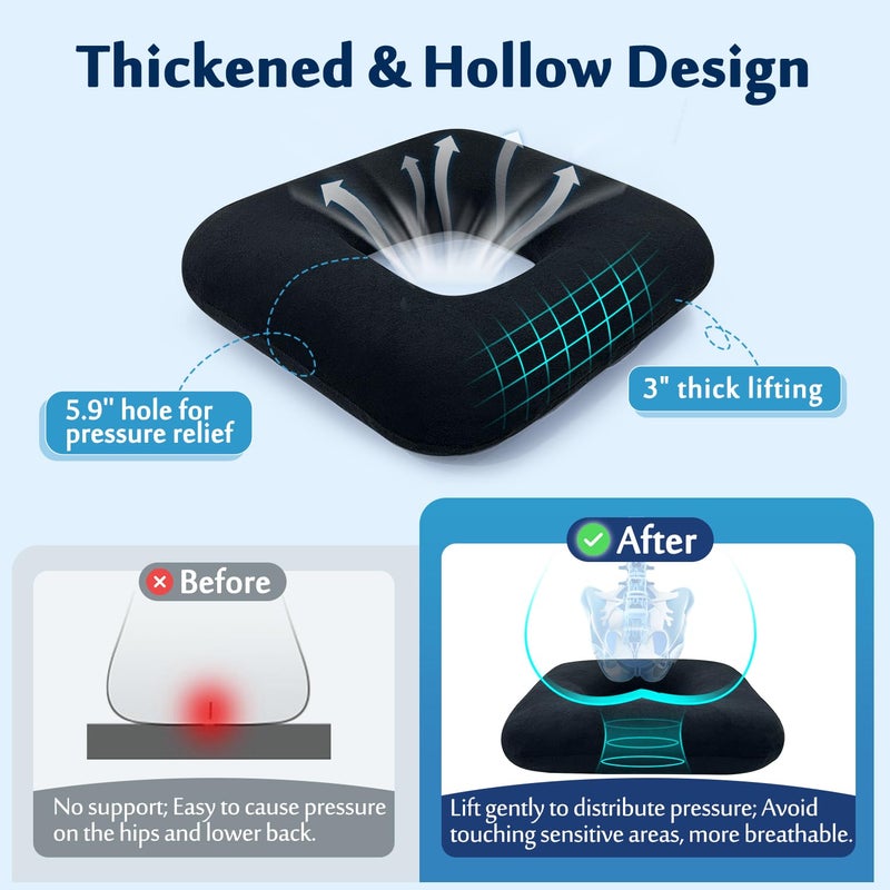 AOSSA Donut Pillow, Butt Cushion for Long Sitting, Bed Sore Pressure Relief Seat Cushions for Butt, Postpartum, Hemorrhoid Tailbone Hip Pain, BBL After Surgery for Sleeping, Portable Chair Cushion Pad - Image 2