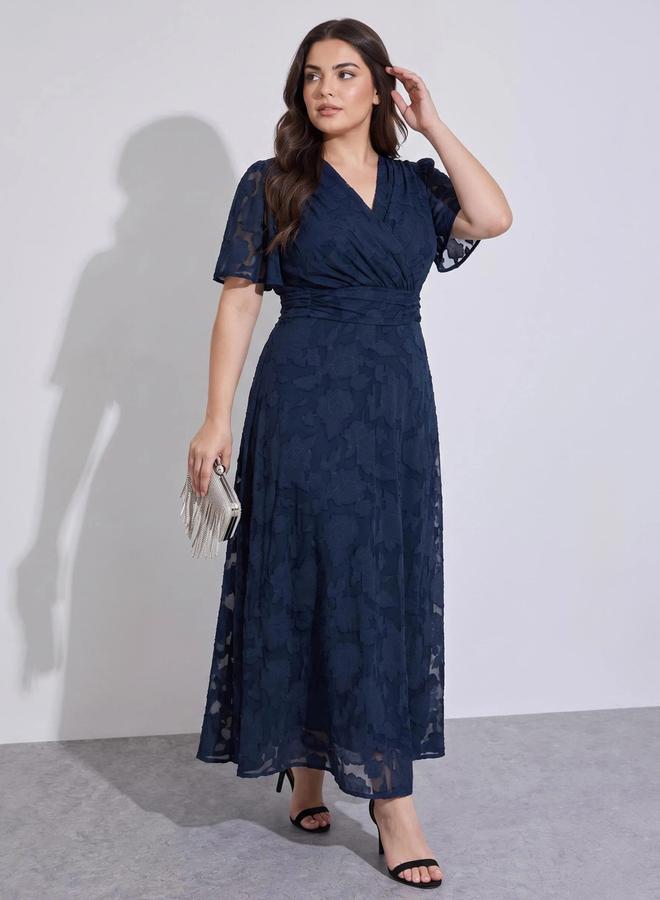 Styli Plus Size Navy Blue Solid V-Neck Jacquard A-Line Maxi Derss - Image 1