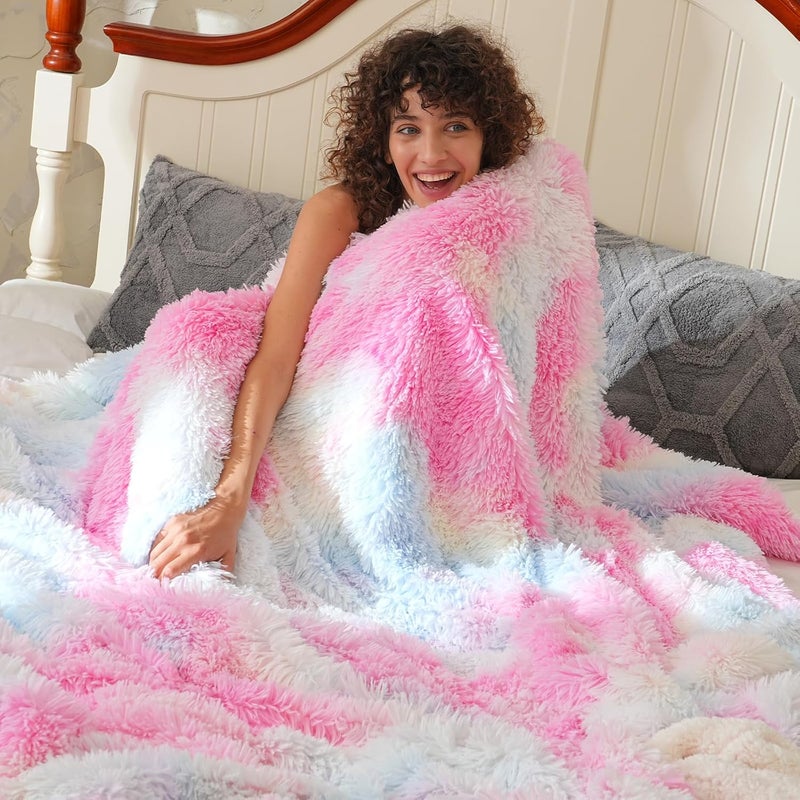 PHF 1 Piece Queen Faux Fur Blanket, Luxury Soft Shaggy Plush Warm Thick Fluffy Throw, 127 cm x 152 cm, Tie Dye Rainbow - Image 1