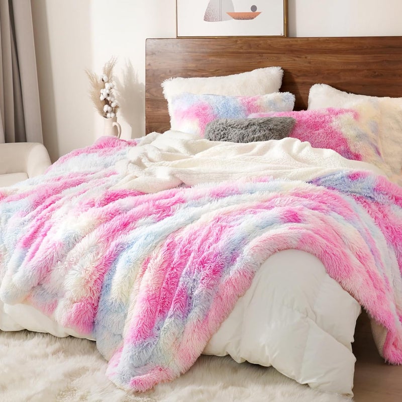 PHF 1 Piece Queen Faux Fur Blanket, Luxury Soft Shaggy Plush Warm Thick Fluffy Throw, 127 cm x 152 cm, Tie Dye Rainbow - Image 3