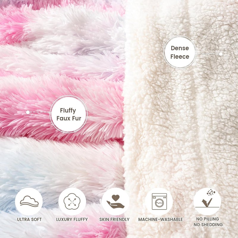 PHF 1 Piece Queen Faux Fur Blanket, Luxury Soft Shaggy Plush Warm Thick Fluffy Throw, 127 cm x 152 cm, Tie Dye Rainbow - Image 2