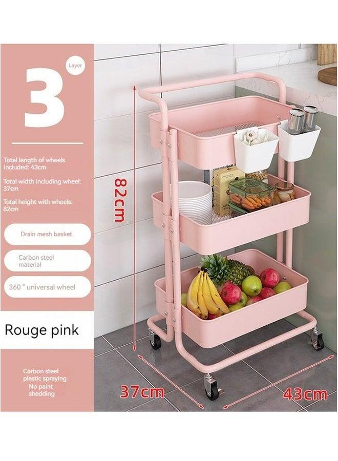 HOMESTAR Pink 3-Tier Metal Rolling Cart with 4 Wheels & Hooks, Multifunctional Storage Organizer Trolley for Kitchen Bathroom Office Living Room, Heavy Duty Tray Utility - Image 5
