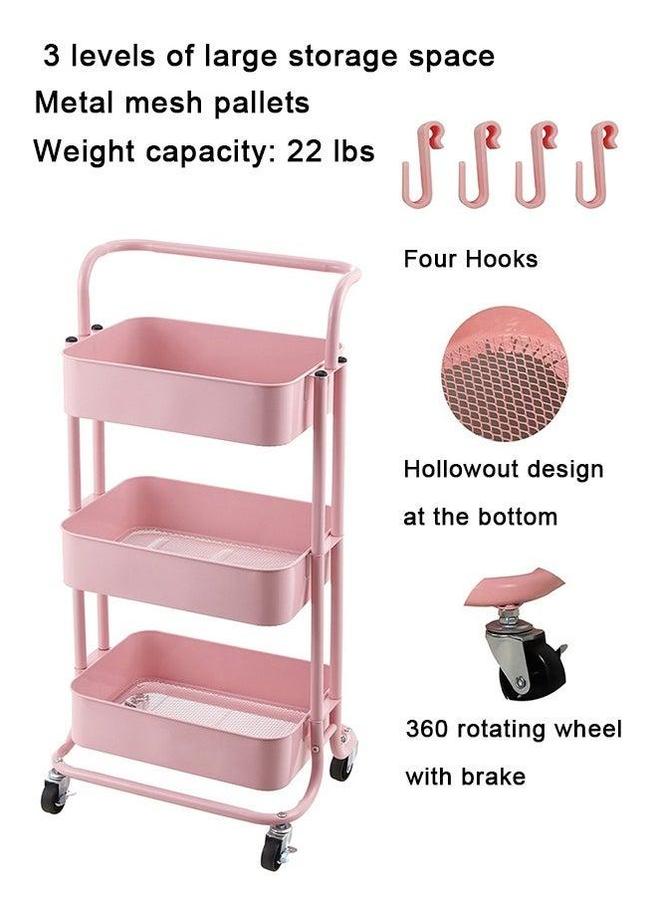 HOMESTAR Pink 3-Tier Metal Rolling Cart with 4 Wheels & Hooks, Multifunctional Storage Organizer Trolley for Kitchen Bathroom Office Living Room, Heavy Duty Tray Utility - Image 2