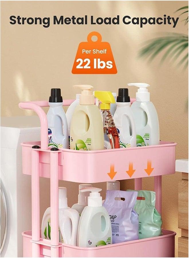 HOMESTAR Pink 3-Tier Metal Rolling Cart with 4 Wheels & Hooks, Multifunctional Storage Organizer Trolley for Kitchen Bathroom Office Living Room, Heavy Duty Tray Utility - Image 3