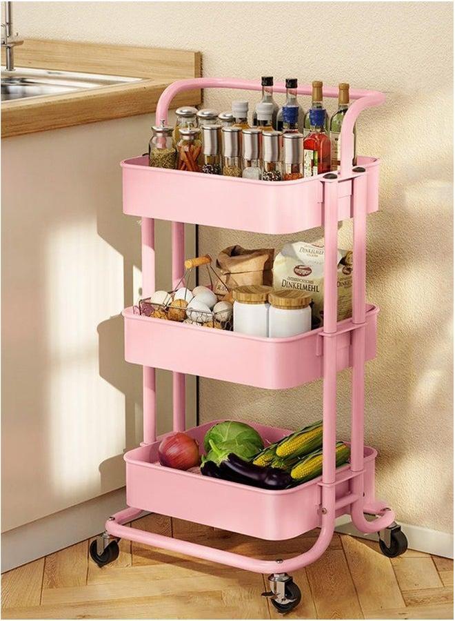 HOMESTAR Pink 3-Tier Metal Rolling Cart with 4 Wheels & Hooks, Multifunctional Storage Organizer Trolley for Kitchen Bathroom Office Living Room, Heavy Duty Tray Utility - Image 1