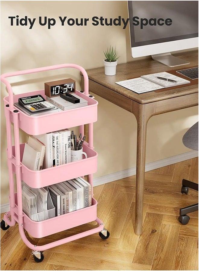 HOMESTAR Pink 3-Tier Metal Rolling Cart with 4 Wheels & Hooks, Multifunctional Storage Organizer Trolley for Kitchen Bathroom Office Living Room, Heavy Duty Tray Utility - Image 4
