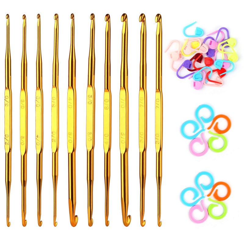 LOKUNN 40 Pcs Double End Crochet Hook Set, Include 10 Pcs Golden Aluminum Crochet Needles, 10 PCS Knitting Crochet Markers Ring, 20 PCS Knitting Stitch Markers for Craft DIY - Image 1