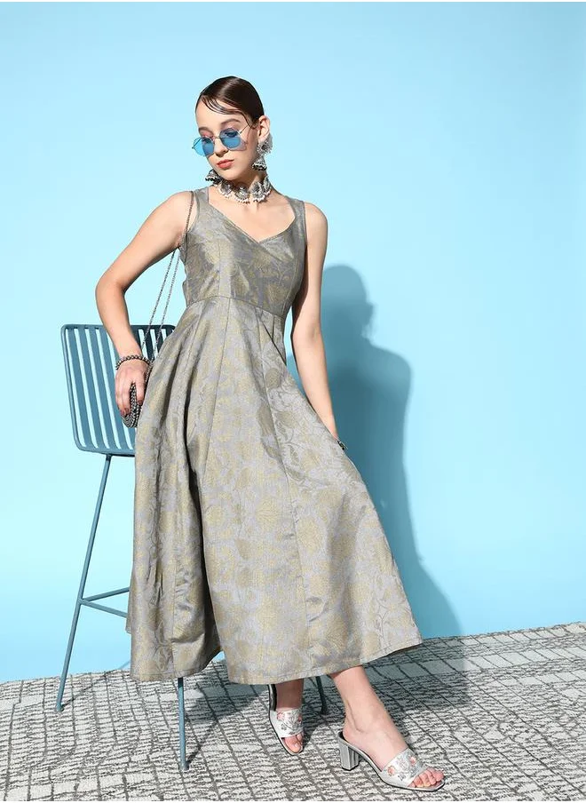 ساسافراس Brocade Floral Print Sweetheart Neck Anarkali Midi Dress by Styli