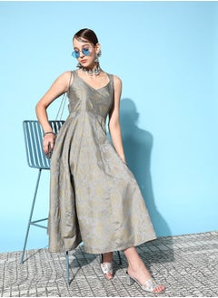 SASSAFRAS Brocade Floral Print Sweetheart Neck Anarkali Midi Dress by Styli  - Image 3