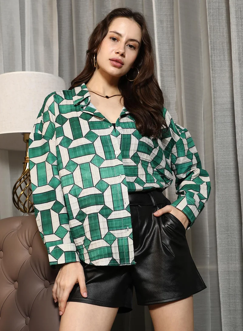 PINACOLADA Pinacolada Women's Emerald Green Geometric-Imprint Textured Shirt | Spread Collar , Long Cuffed Sleeves , Button Closure | Geometric Print Textured Material | Polyester Blend Shirt For Casual Wear