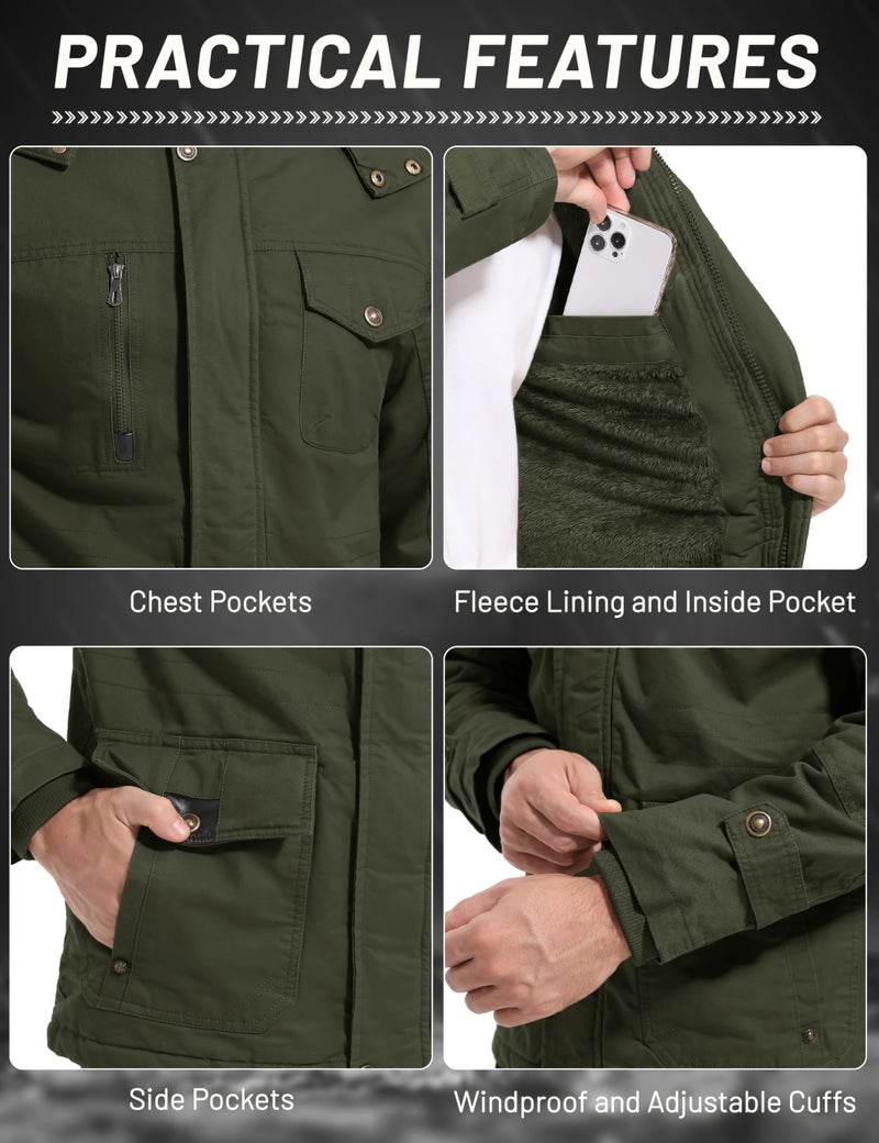 CRYSULLY Men's Winter Jacket Cotton Military Jackets Fleece Lined Thick Warm Cargo Coats Multi-Pocket Outwear with Hooded Army Green S - Image 5
