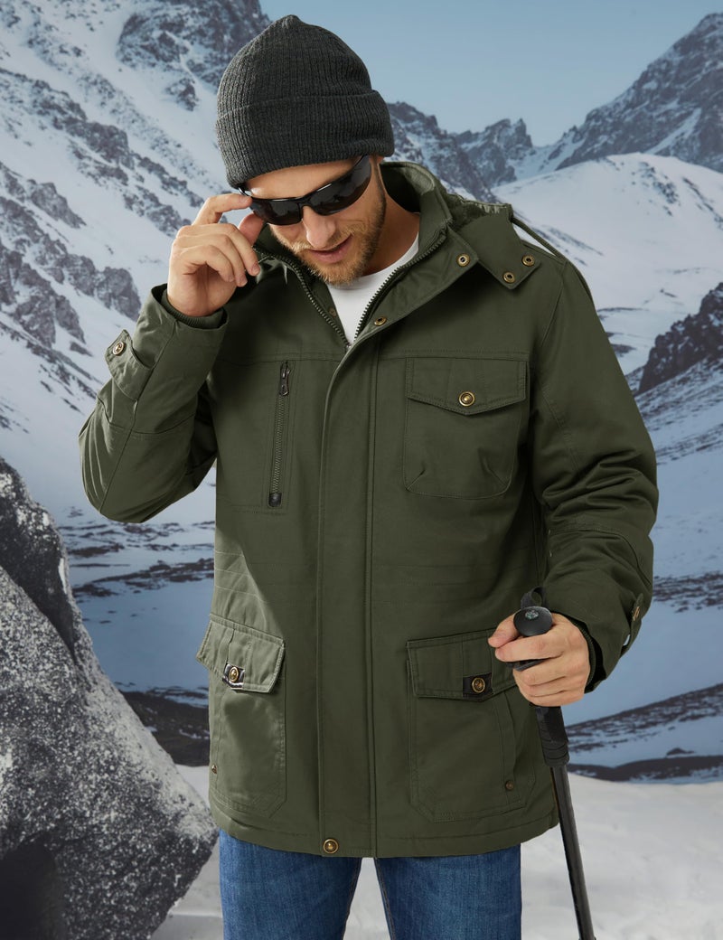 CRYSULLY Men's Winter Jacket Cotton Military Jackets Fleece Lined Thick Warm Cargo Coats Multi-Pocket Outwear with Hooded Army Green S - Image 2