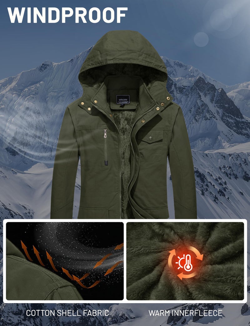 CRYSULLY Men's Winter Jacket Cotton Military Jackets Fleece Lined Thick Warm Cargo Coats Multi-Pocket Outwear with Hooded Army Green S - Image 4