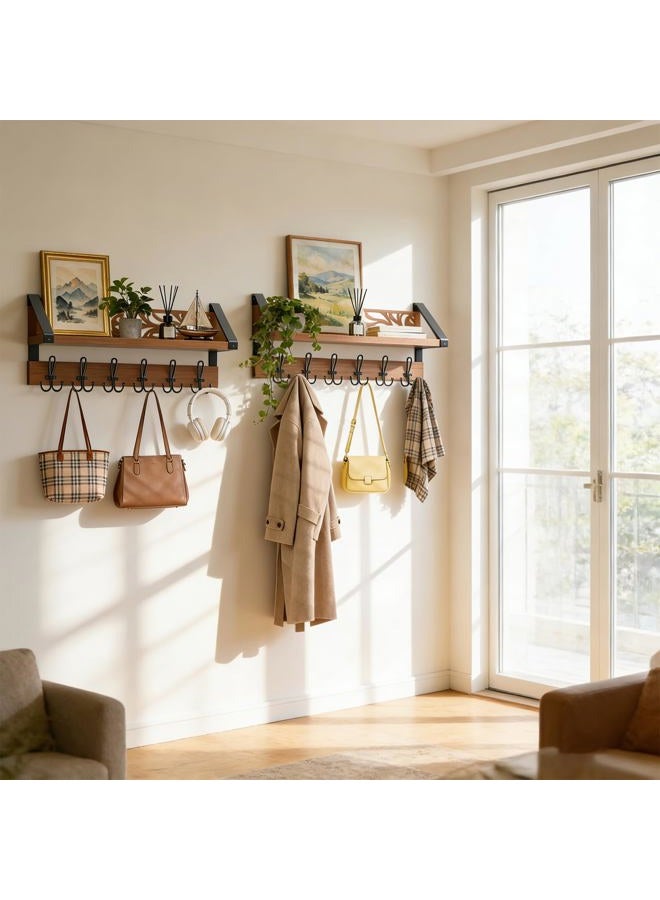 WGFKVAS 2 in 1 Coat Rack Wall Mount with Shelf and 6-Double Hook Wall Hooks with Shelf, Rustic Brown 15" Wood Organizer for Entryway, Living Room, Bedroom, Hallway - Image 5