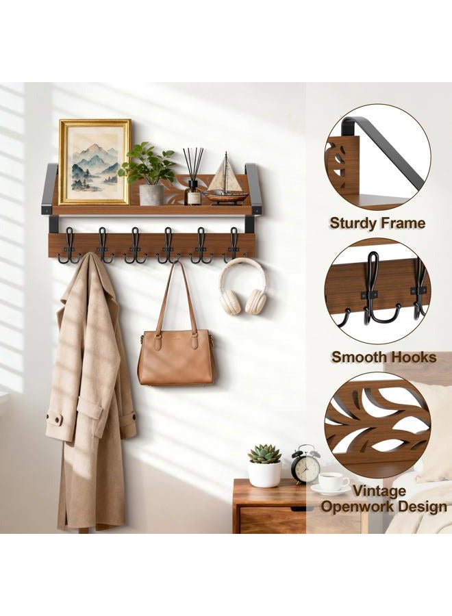WGFKVAS 2 in 1 Coat Rack Wall Mount with Shelf and 6-Double Hook Wall Hooks with Shelf, Rustic Brown 15" Wood Organizer for Entryway, Living Room, Bedroom, Hallway - Image 3