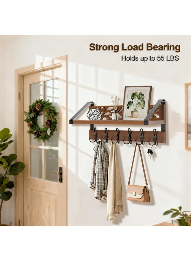 WGFKVAS 2 in 1 Coat Rack Wall Mount with Shelf and 6-Double Hook Wall Hooks with Shelf, Rustic Brown 15" Wood Organizer for Entryway, Living Room, Bedroom, Hallway - Image 2